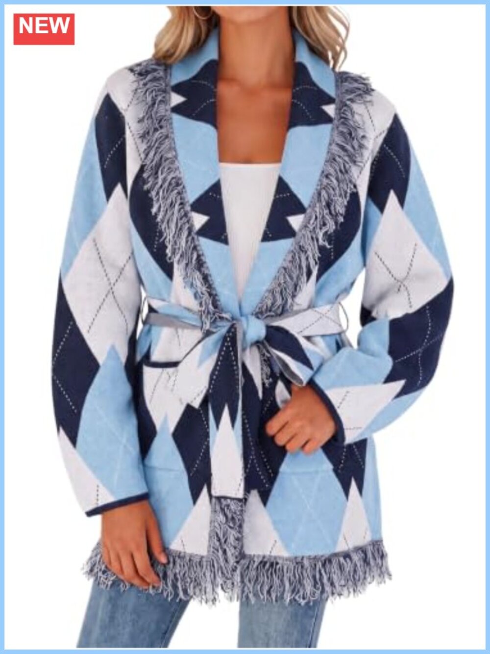 Open Front Fringe Argyle Shawl Cardigan Sweater with Belt Pockets